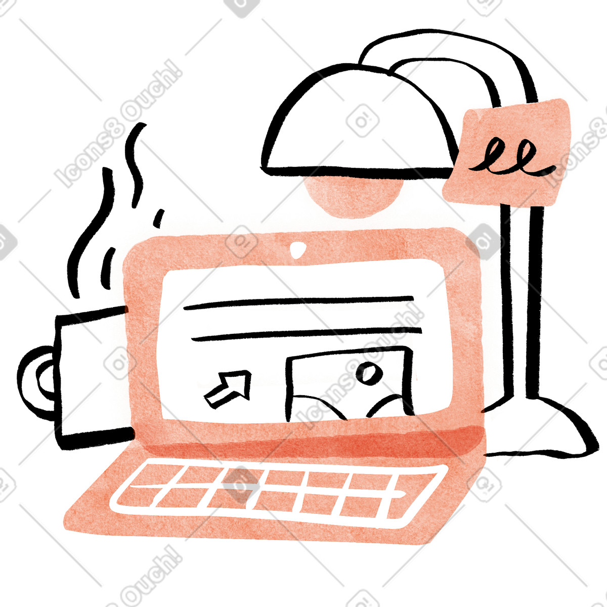 Illustration Ordinateur portable avec lampe de bureau, espace travail à domicile, projet en ligne dans le style Hand-drawn animation télécharger aux formats PNG, SVG