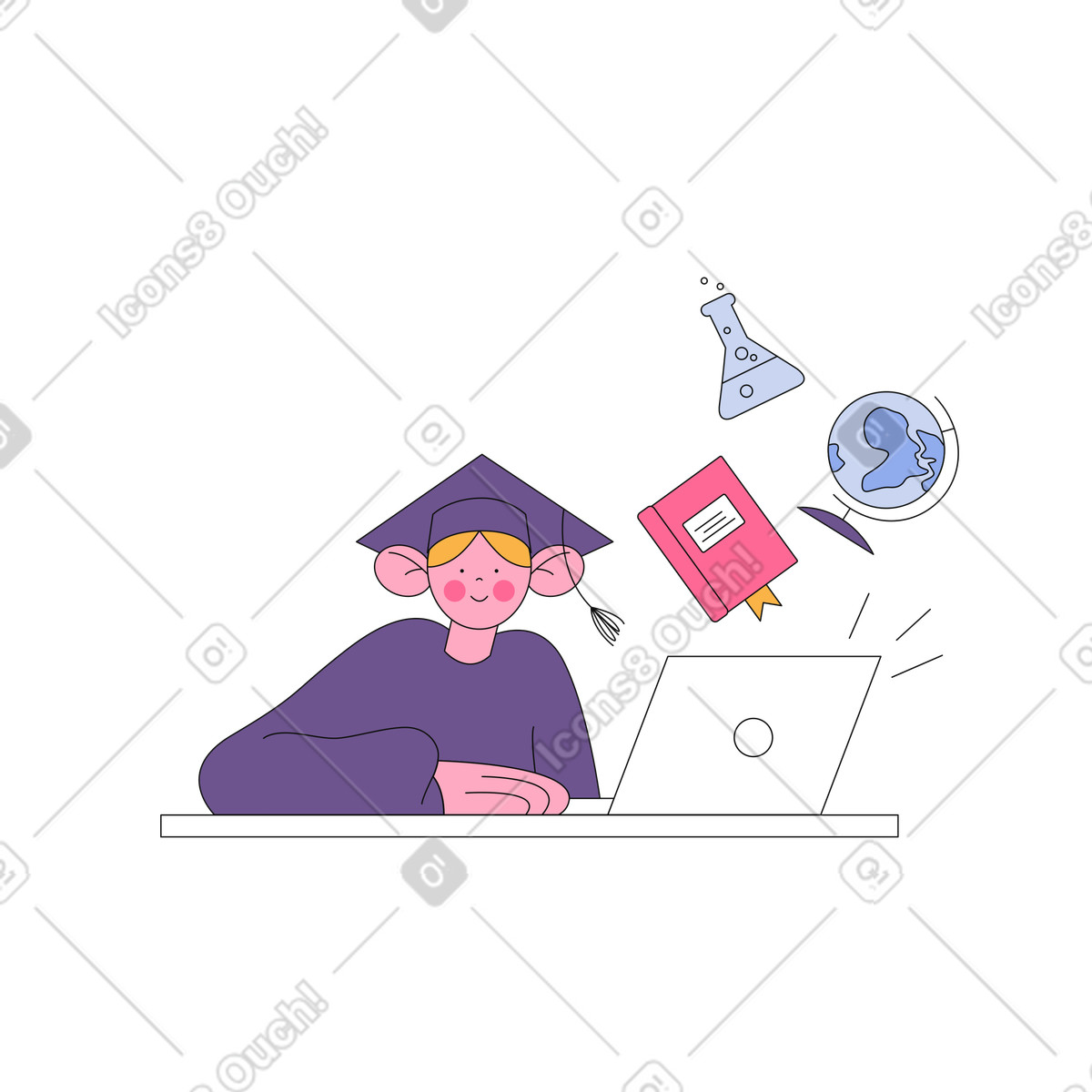 Online academy graduate with laptop illustration high-quality clipart graphics