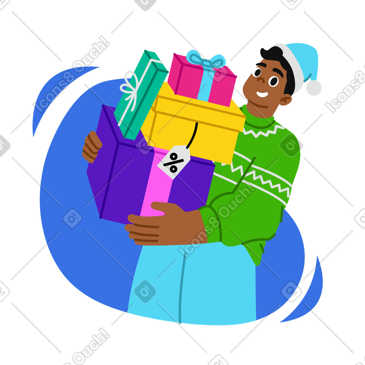 Junger mann hält geschenke vom weihnachtsverkauf-Illustration im Active-Stil als Download in PNG, SVG