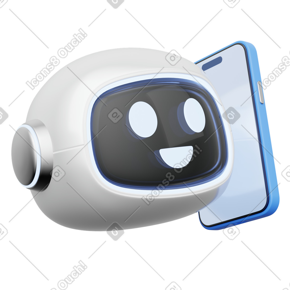 Mobile customer support AI robot helper with smartphone illustration in 3D Playful style download in PNG, SVG
