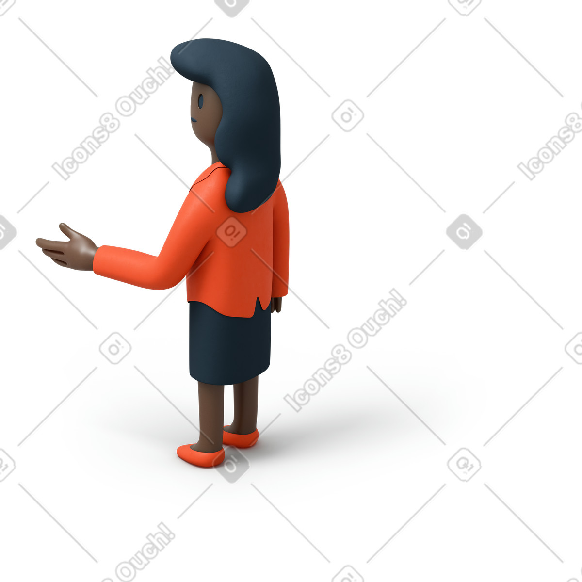 下载 3D Flame 风格的 黑人妇女伸出手向左看的后视图 插画，支持 PNG、SVG 格式
