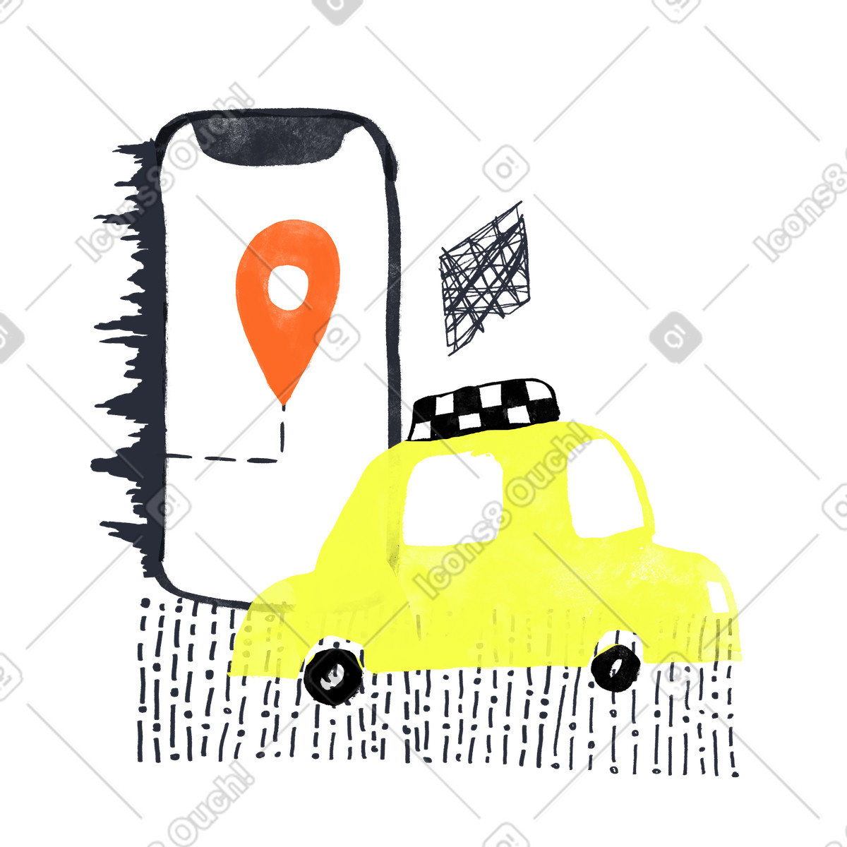 Phone taxi app with location sign-Illustration im Inky-Stil als Download in PNG, SVG