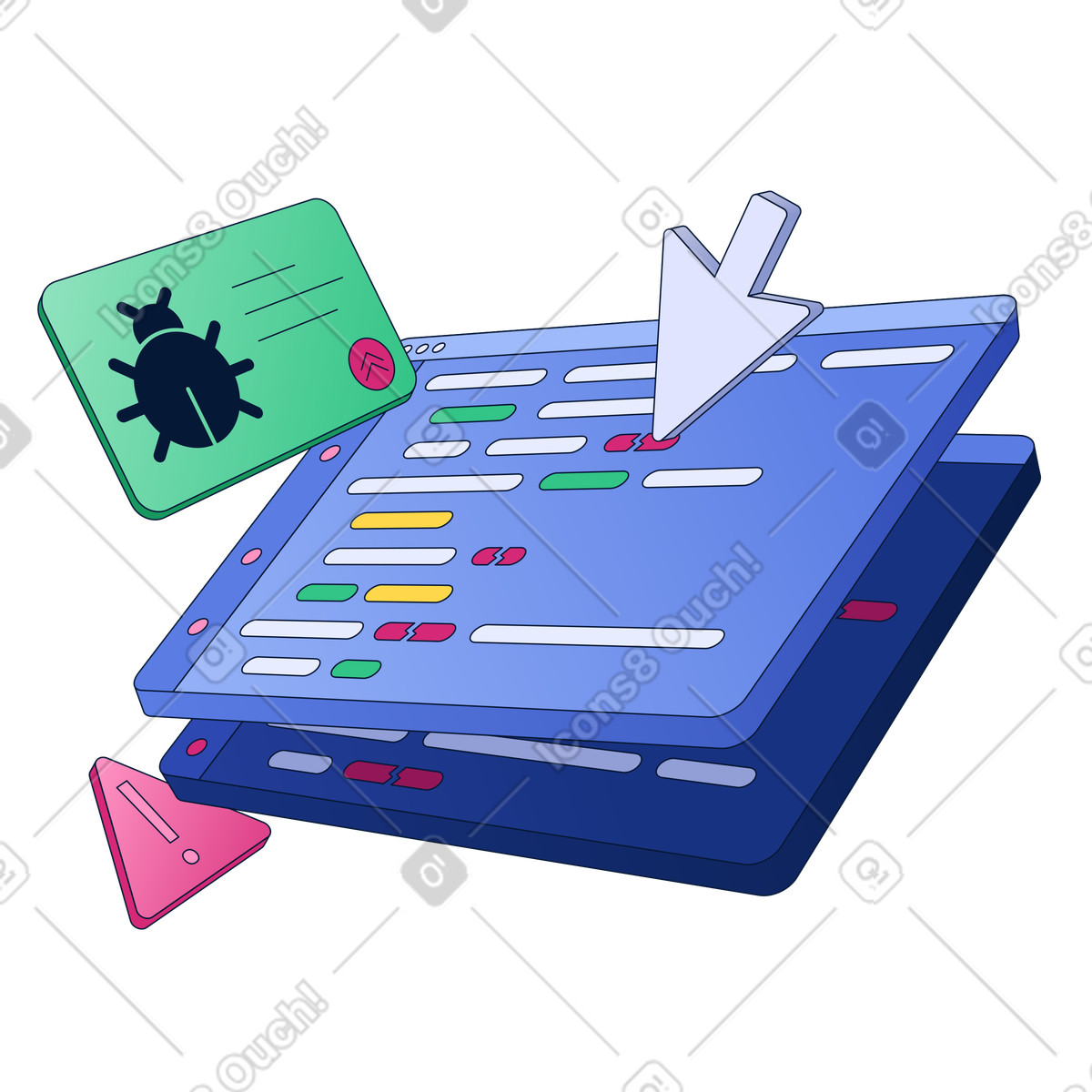 Code editor with bug report and warning sign, Debugging and QA testing workflow illustration in PNG, SVG