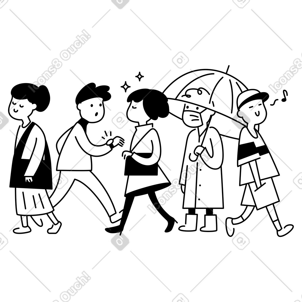 Ilustración People commuting in city street carrying bags and wearing coats en estilo Notion Line Art a descargar en PNG y SVG