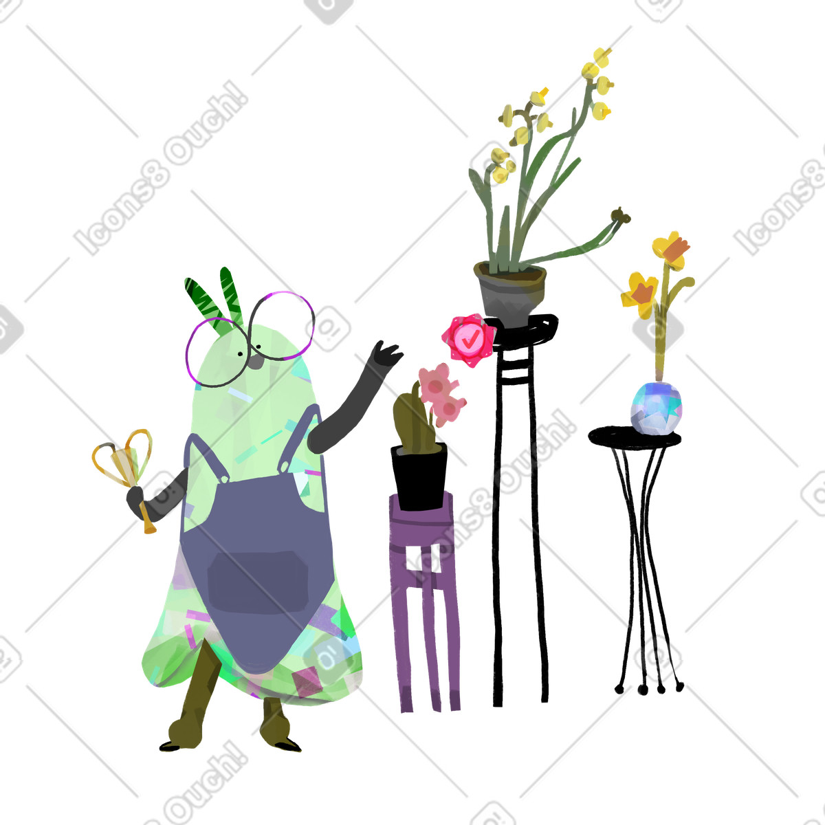 Иллюстрация Gardener presenting potted plants, Indoor gardening and floral hobby в стиле Atomic — скачать в форматах PNG, SVG