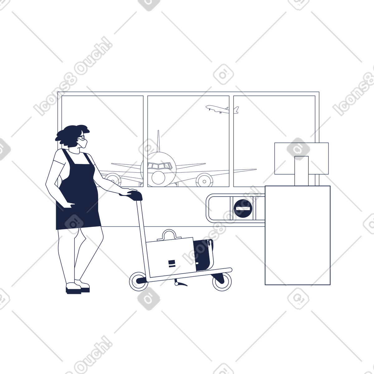 Eine frau mit gepäck am flughafen zur immunkontrolle-Illustration im Urban Line-Stil als Download in PNG, SVG
