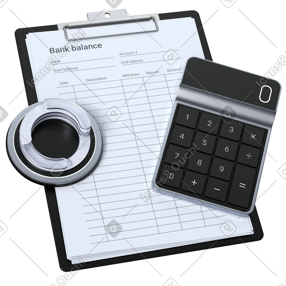 Bank reconciliation report, Financial audit clipboard, Accounting calculator tool illustration in 3D Pro style download in PNG, SVG