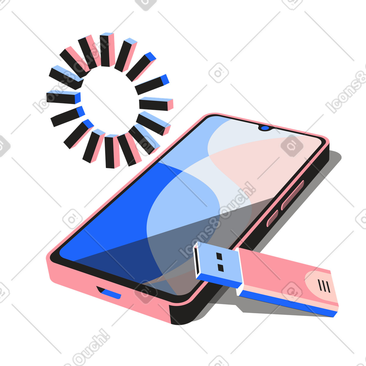 Ilustración Transferencia de datos desde un teléfono inteligente a una unidad flash en estilo Editorial descargar en PNG y SVG
