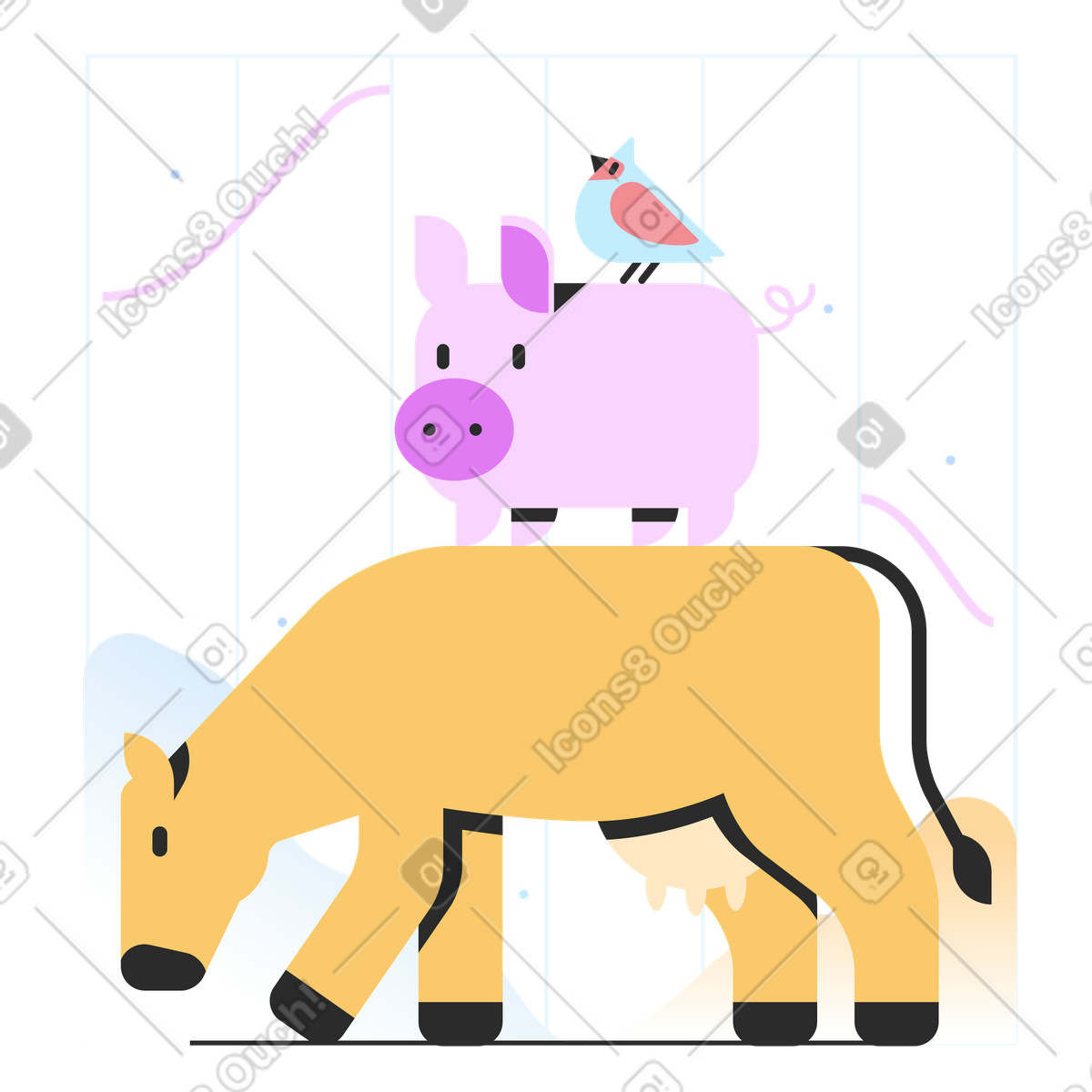 Ilustración Vaca, cerdo y pájaro como equipo. en estilo Marginalia a descargar en PNG SVG