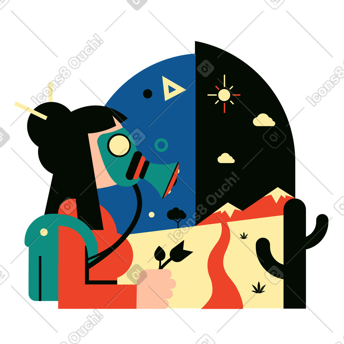 Ilustración Mujer con máscara de gas debido a la contaminación ambiental en estilo Polar descargar en PNG y SVG