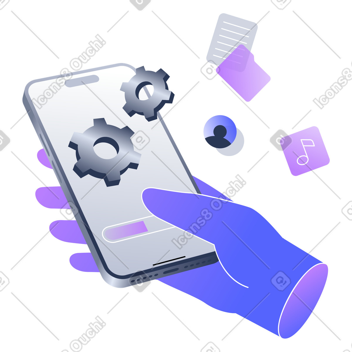 Caricamento e installazione dell'app, configurazione dello smartphone, istantanea illustrazione in stile Lucent scarica in PNG, SVG