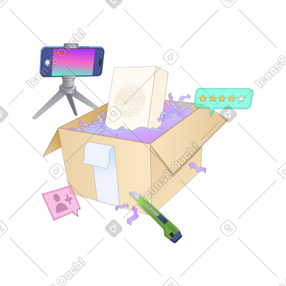 Registrazione di un video unboxing con gadget tecnologici illustrazione in stile Kit scarica in PNG, SVG