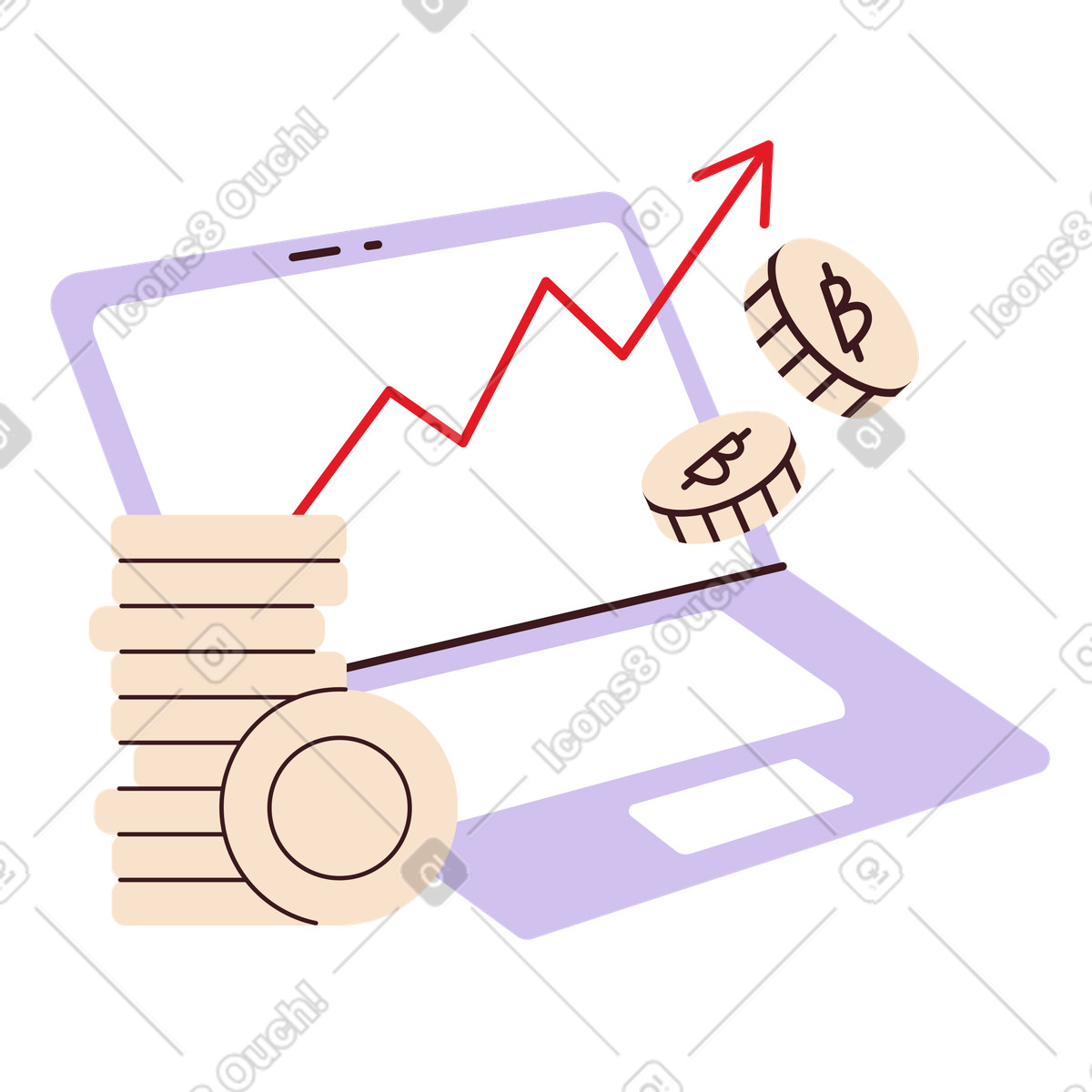 Ilustração de Laptop with rising bitcoin chart, Cryptocurrency price growth em no estilo Folks para baixar em PNG, SVG