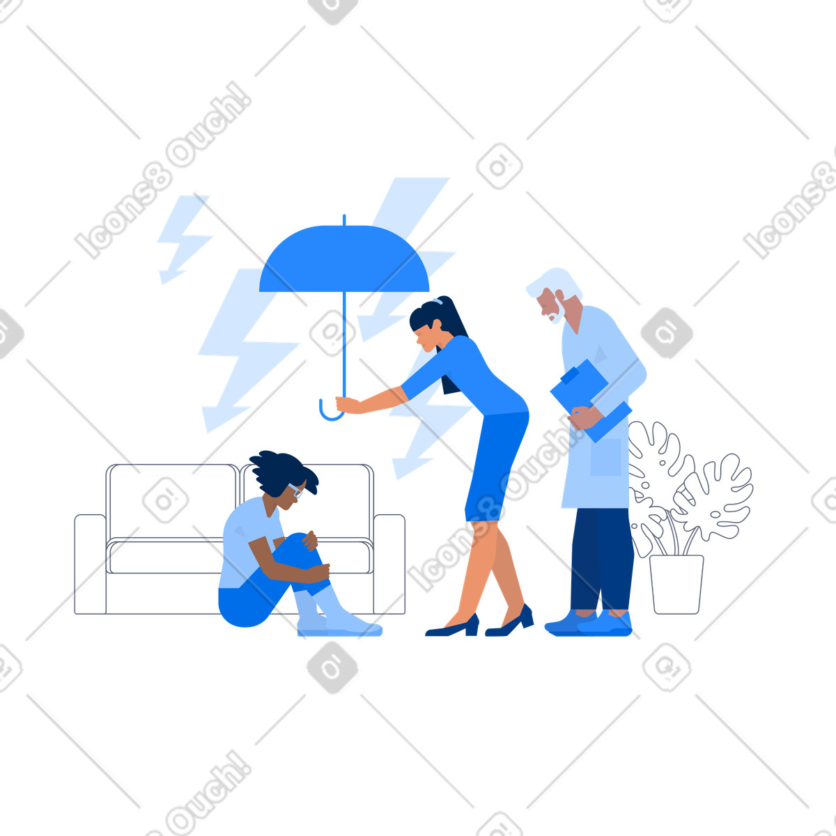 下载 Urban 风格的 Mental health workers helping client in crisis, Psychiatric care and counseling 插画，支持 PNG、SVG 格式