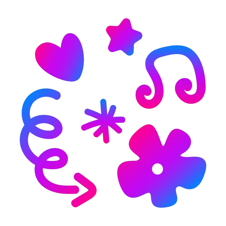 Colorful shapes including hearts, stars, and swirls - Vibrant style illustration