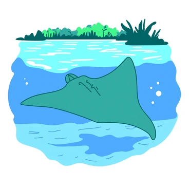 A teal freshwater stingray is gliding gracefully just beneath the surface of the blue Amazon River. The stingray's wings are spread wide, creating gentle ripples in the water. Sunlight filters through the surface, casting shimmering patterns on the sandy riverbed below. In the background, hints of lush green foliage from the riverbank can be seen, adding depth to the scene. The water is clear, revealing the contours of the stingray’s body as it moves smoothly through its environment.