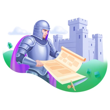 A medieval warrior is holding a parchment detailing a siege plan. He is wearing shining armor with intricate designs, and a sword is sheathed at his side. The warrior has a determined expression, studying the parchment intently. In the background, a large stone castle with tall towers and battlements stands, partially obscured by wisps of fog. Surrounding the castle are lush green hills and a clear blue sky, creating a contrast to the scene of battle preparation.