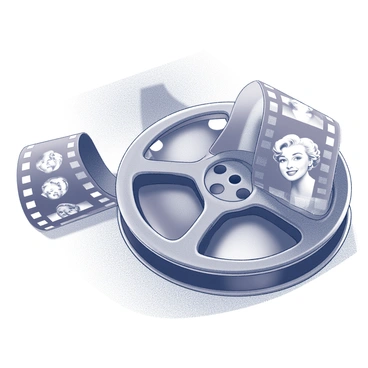 A vintage film reel lying on a textured surface, with sections of film visible. The film is filled with iconic scenes from classic movies, showcasing Marilyn Monroe in various poses. There are close-up images of her famous smile and hairstyles. The reel has a metal hub, with film neatly coiled around it. The overall composition evokes a sense of nostalgia and cinematic history.
