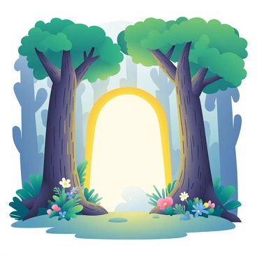 A glowing portal is situated between two ancient trees in a dense forest. The portal emits a bright light that spills onto the forest floor, illuminating the surrounding foliage. The trees have thick trunks and gnarled branches, with a canopy of lush green leaves overhead. Ferns and wildflowers grow abundantly around the base of the trees, partially illuminated by the radiant glow. A mist swirls gently at the portal's edge, adding to the mysterious atmosphere of the scene.