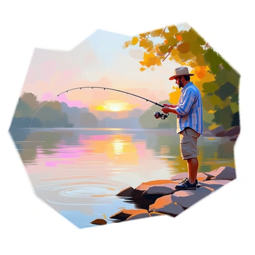 A fisherman with weathered skin and a straw hat stands on the bank of a calm river in Georgia during dawn. He is wearing a simple plaid shirt and sturdy cargo shorts, his stance relaxed as he casts a fishing line into the water. The surface of the river reflects soft hues of pink and orange from the rising sun. Lush green trees frame the scene, their leaves glistening with morning dew. The gentle ripples created by the cast create a serene rhythm in this tranquil setting.