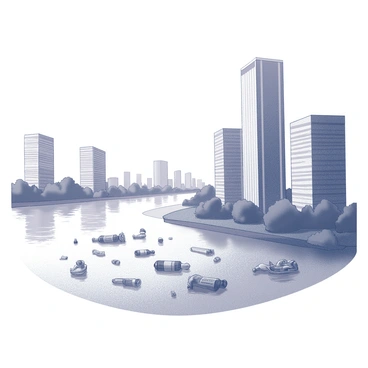A section of the Ganges river in an urban setting. The riverbanks are lined with tall skyscrapers, showcasing modern architectural designs with large glass windows reflecting the surroundings. The water of the Ganges is littered with various floating debris, including plastic bottles, cloth, and other refuse. The contrast between the sleek buildings and the pollution in the river creates a striking scene of urban life juxtaposed with environmental issues.