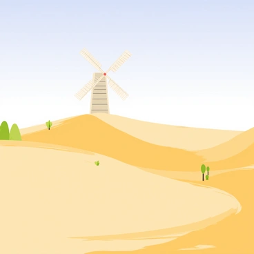 A lone windmill stands tall in the center of a vast desert landscape, surrounded by rolling sand dunes that stretch towards the horizon. The windmill features large, white sails that catch the gentle breeze, while its wooden structure is painted a soft beige color. The sand dunes are undulating, with shadows creating a pattern on their surfaces as the sun casts bright light across the scene. Sparse patches of green vegetation dot the landscape, adding contrast to the golden sands. A clear blue sky overhead completes the tranquil desert setting.