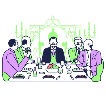 A lavish banquet table is set for an elaborate dining event. At the center sits "Stalin," identifiable by his distinctive mustache and serious expression. He is dressed in formal attire, a suit with a tie. Surrounding him are several "foreign dignitaries," all engaged in conversation, each wearing formal outfits. The table is adorned with an array of "fine china," crystal goblets, and elaborate gold and silver cutlery. Plates filled with gourmet dishes, including intricately arranged foods, are placed in front of each guest. In the background, ornate decorations and elegant candelabras create an atmosphere of opulence.