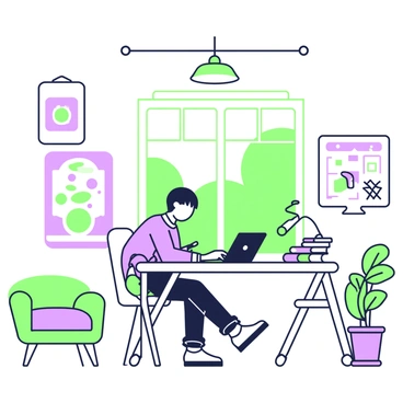A cheerful studio is filled with natural light streaming in from a sunlit window. In the center, a designer with short hair is seated at a desk, intently working on a tablet. The desk is cluttered with various design tools, including color swatches and a sketchbook. To the side of the desk, there is a small potted plant, adding a touch of greenery. The walls are adorned with colorful artwork, and a comfortable chair is positioned nearby. The atmosphere is bright and inviting, enhanced by the sunlight filtering through the window.
