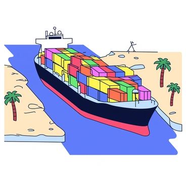 A massive cargo ship with a dark blue hull is passing through the Suez Canal. The ship has multiple layers of colorful shipping containers stacked high, featuring a variety of colors including red, green, yellow, and orange. The canal has clear blue water reflecting the bright sunlight, and the banks are lined with sandy shores and palm trees. The scene captures the ship moving steadily along the narrow waterway.