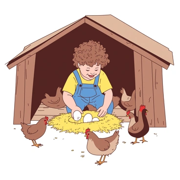 A young child with curly hair is joyfully crouching down inside a rustic chicken coop, reaching into a straw-filled nest. The child is wearing a bright yellow shirt and denim overalls. In their hands, they are carefully holding two freshly laid white eggs. Around the child, there are several hens pecking at the ground, and the wooden walls of the coop are adorned with a few scattered pieces of straw. Sunlight filters through gaps in the coop, casting soft light on the joyful scene.