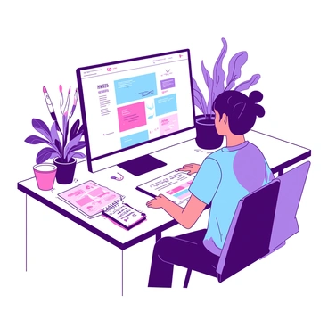 An artist is sitting at a sleek, modern desk, focused on designing a website for an illustration agency. The artist is using a large, white computer monitor displaying a colorful layout of the website. Various design tools and color swatches are scattered on the desk, including vibrant samples of pink and blue. A sketchbook lies open next to the monitor, filled with doodles and ideas for illustrations. The artist's workspace is well-lit, and there are potted plants in the background, adding a touch of life to the modern setting.