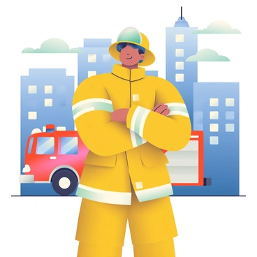 A firefighter with dark hair is standing confidently in the foreground, wearing a bright yellow firefighting uniform and a helmet with a reflective visor. His arms are crossed over his chest, showcasing his muscular build. In the background, the city skyline is visible, featuring towering skyscrapers with windows reflecting the sunlight. The sky is clear blue with a few fluffy white clouds scattered. A fire truck with flashing lights is parked to the side, completing the scene of urban bravery.