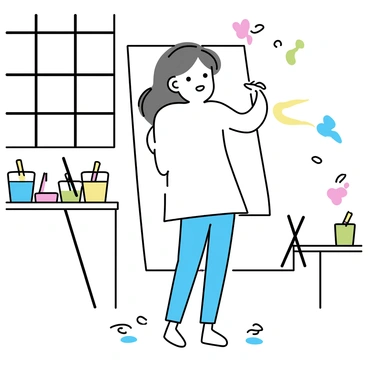 A girl with long brown hair, wearing a white shirt and blue jeans, is hugging a large white canvas in an art studio. The walls of the studio are adorned with splashes of color. On a nearby table, there are several small containers of colorful paints, including blue, red, yellow, and green, along with brushes of various sizes. Natural light streams through a large window, illuminating the scene and casting soft shadows. The floor is scattered with paint splatters and art supplies, creating a vibrant and creative atmosphere.