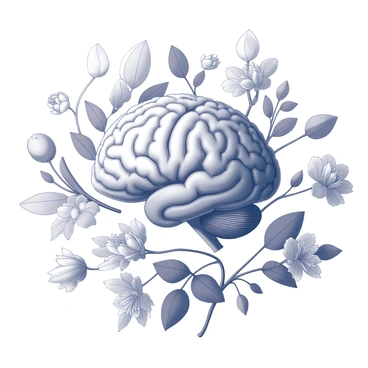 A mouse's brain depicted with elements of nature like leaves and flowers