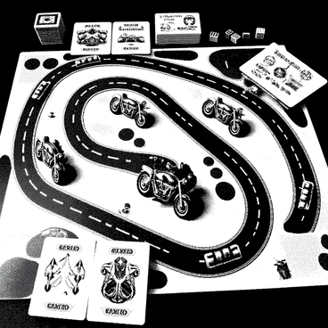 A board game design is laid out prominently on a tabletop. The board features a winding race track that curves around various checkpoints. Along the track, there are illustrations of "vintage motorcycles" positioned at different spots, showcasing various models with distinct shapes and features. The motorcycles are detailed, with intricate designs on the bodies and shiny chrome elements. In addition to the motorcycles, there are game pieces resembling biker characters, each styled in classic leather jackets and helmets, ready to race. The surrounding area includes a stack of cards with motorcycle-related graphics, and dice for gameplay, all presented in a visually appealing layout.