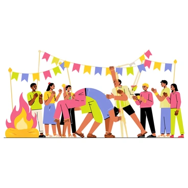 A vibrant ancient festival scene with a diverse group of people dressed in colorful traditional attire. Some participants are bending backward under a horizontal pole, demonstrating their limbo skills. The background features decorative banners and vibrant flowers, creating a festive atmosphere. Onlookers are cheering and clapping, adding to the lively energy of the celebration. A large, illuminated bonfire is situated to one side, casting warm light across the scene.