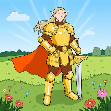 An elf with pointed ears and long flowing hair stands confidently in a vibrant green field filled with colorful wildflowers. The elf is wearing intricate golden armor that shines brightly in the sunlight, with detailed engravings and a flowing cape that billows gently in the breeze. The elf is holding a beautifully crafted silver sword by their side, and their expression is focused and determined. In the background, the sky is a clear blue with a few fluffy white clouds scattered, and a distant line of trees can be seen at the edge of the field. Bright rays of sunlight illuminate the scene, enhancing the colors of the flowers and the shimmer of the armor.