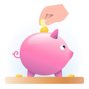 A pink piggy bank is positioned in the center of the image, its glossy surface reflecting light. Shiny gold coins are being dropped into its wide slot by a small child's hand from the top. The child's hand is small, with soft skin and slightly chubby fingers. A few coins are scattered around the piggy bank on a wooden table, some rolling away. The background is softly blurred, focusing attention on the piggy bank and the coins being added.