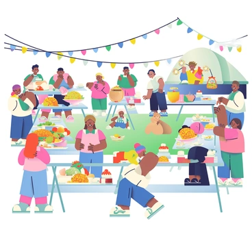 A vibrant neighborhood block party is taking place. Groups of neighbors are gathered together, enjoying a potluck with various colorful dishes displayed on long tables. Some dishes include a large green salad, a tray of golden-brown grilled chicken, and a variety of desserts like cupcakes and fruit tarts. Children are playing games like sack races and tug-of-war in the grassy area nearby. A small stage set up at the side features a local band playing music, adding a lively atmosphere to the scene. Festive decorations such as string lights and balloons are hanging across the street, creating a joyful ambiance. People are laughing and chatting, embodying the spirit of community.