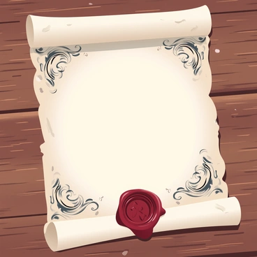 An ornate old-style parchment contract is laid out on a medieval table. The parchment features intricate calligraphy and decorative floral borders. A deep red wax seal is prominently placed at the bottom of the contract, with an embossed emblem in the center. The wooden table has a rich texture, with visible grain patterns and a few scratches that indicate its age. Soft, diffused light casts gentle shadows, adding depth to the scene.