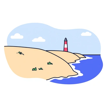 Sandy dunes with a smooth, light beige texture stretch along a coastline. Scattered tufts of green grass grow among the dunes, adding patches of color. In the background, a tall lighthouse stands, painted in white with red stripes, overlooking the scene. The sky is clear with a few soft white clouds floating above. The gentle waves of the blue ocean lap at the shoreline nearby.