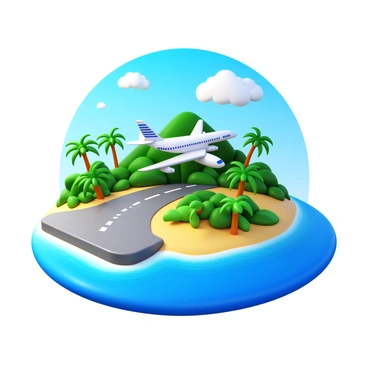 A 3D representation of a commercial airplane with a sleek design approaching a small tropical island airstrip. The airplane is positioned at a low altitude with its landing gear extended. The airstrip is surrounded by lush greenery and palm trees. In the background, the bright blue ocean glistens under the sun, with gentle waves lapping at the shore. The sky is clear with a few fluffy clouds adding depth to the scene. The tropical island is vibrant, showcasing a mix of sandy beaches and dense vegetation.