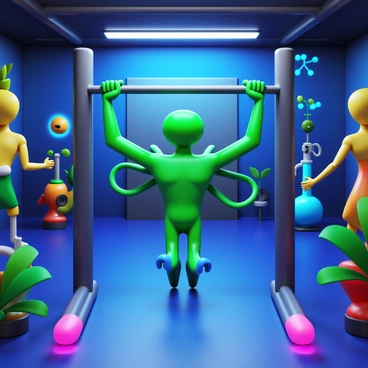 An alien creature with vibrant green skin and multiple limbs is performing pull-ups on a futuristic pull-up bar. The gym is filled with unusual equipment, featuring glowing weights and machines with intricate designs. Bioluminescent plants grow in the corners, casting an ethereal light across the space. The walls are adorned with abstract patterns that pulse with energy. In the background, other alien beings are engaged in various workouts, showcasing different body types and forms.