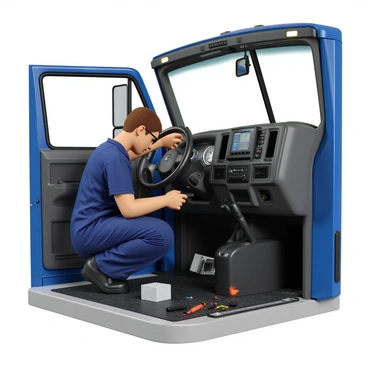 A technician with short brown hair and wearing a blue work uniform is crouched inside the cab of a transport truck. The truck's interior features a modern dashboard with various digital screens displaying system information. The technician is focused on installing a sleek black device into the console, surrounded by an array of wires and tools scattered on the floor. Sunlight filters through the windshield, illuminating the space and highlighting the intricate details of the upgraded technology system.