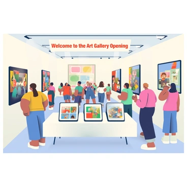 An art gallery is bustling with visitors attending an opening event. The walls are adorned with a variety of colorful paintings, showcasing different styles and subjects. In the center of the gallery, a table is set up, covered with a white cloth, displaying several sample-sized prints of the featured paintings. Each print is framed in sleek black borders, with small labels underneath providing information about the artists. In the background, there are clusters of people engaged in conversation, while some are admiring the artwork on the walls. Bright lights illuminate the space, enhancing the vibrant colors of the paintings. A large banner hangs above the entrance that reads, "Welcome to the Art Gallery Opening."