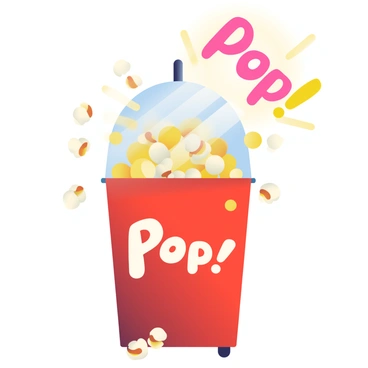 A red popcorn maker is prominently displayed in the center of the image. Inside the transparent lid, yellow popcorn kernels are mid-pop, with some kernels already transformed into fluffy white popcorn. Exploding popcorn is bursting outward in all directions, with the text "Pop!" animatedly portrayed in vibrant, playful letters, seemingly coming from the popcorn maker. A few unpopped kernels can be seen on the bottom of the machine, emphasizing the action of popping. The background is a smooth gradient, adding depth to the scene.
