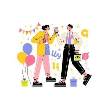 Two influencers stand together, smiling and engaging in a lively conversation. They are surrounded by a variety of colorful props, including bright balloons, vibrant streamers, and whimsical decorations. One influencer holds a camera, filming the moment, while the other poses with a playful expression. The background is filled with an assortment of cheerful elements, such as oversized letters and funky designs, adding to the festive atmosphere of their collaboration.