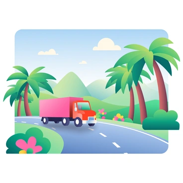 A red truck is driving along a road that is lined with tall, green palm trees. The sky above is clear with a few fluffy white clouds, and the sunlight casts vibrant shadows on the ground. The road is paved and stretches out into the distance, curving gently. The lush greenery surrounding the road provides a vibrant backdrop, and there are hints of colorful tropical flowers peeking through the foliage. In the background, gentle hills rise, completing the idyllic tropical paradise scene.