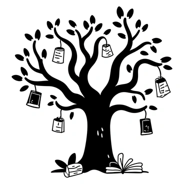An ancient tree with a thick, gnarled trunk and sprawling branches extends outward. From its branches, numerous books hang by their spines, each book displaying distinct cover designs. The ground is scattered with fallen leaves, and a few books lie open, their pages fluttering in the wind. A gentle breeze stirs the scene, creating a sense of movement among the hanging books. The overall image conveys a strong connection between nature and the pursuit of knowledge.