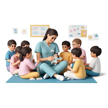 A midwife, wearing a light blue scrubs and a name badge, is sitting on a colorful mat in a bright, cheerful classroom. Surrounding her are several children, aged around five to six years old, wearing various playful outfits. The children are actively engaged, some holding toy dolls as the midwife demonstrates how to care for them. The classroom is decorated with educational posters about health and wellness, and there are educational toys scattered around. The children are smiling and looking attentively at the midwife, who is showing them how to wrap a doll in a blanket with a gentle smile on her face.